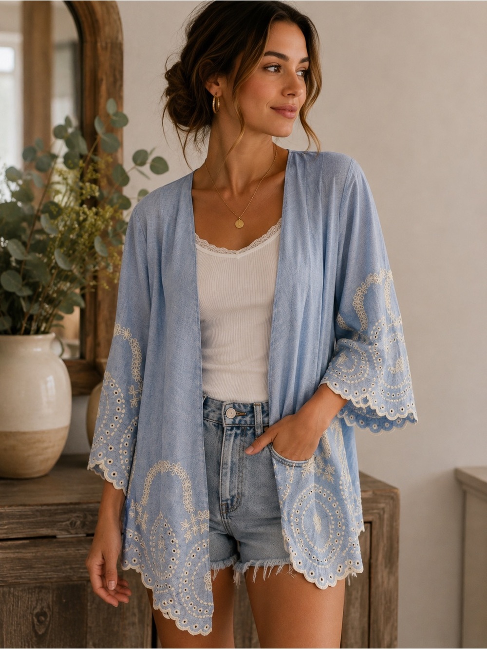Light Blue Embroidered Open-Front Kimono Jacket - Women